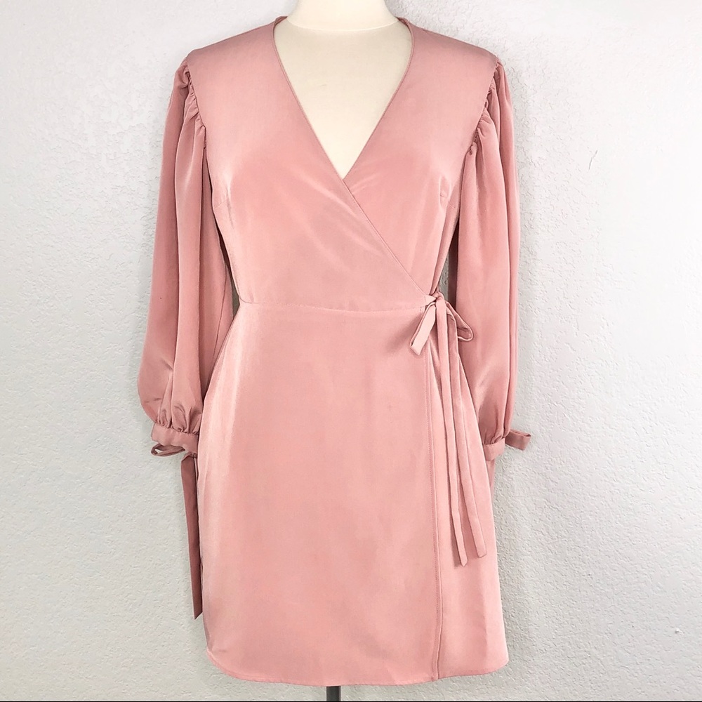 Topshop Pink V-Neck Tie Cuff Wrap Mini Dress 6